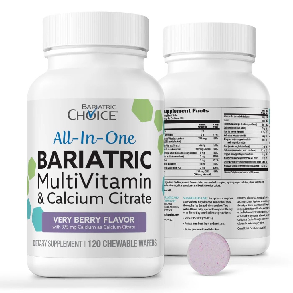 Bariatric Choice All- in- One do żucia Bariatric Multivitate z żelaza i wapnia Citrate, Bardzo Berry (120ct)