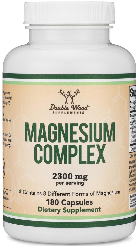 Magnez Complex Supplement 180 Kapsułki (426mg Magnezu elementarnego pod warunkiem 2 300 mg ośmiu różnych form magnezu) MAG- 8 Zapewnia 100% Dzienna zalecana wartość magnezu przez podwójne drewno