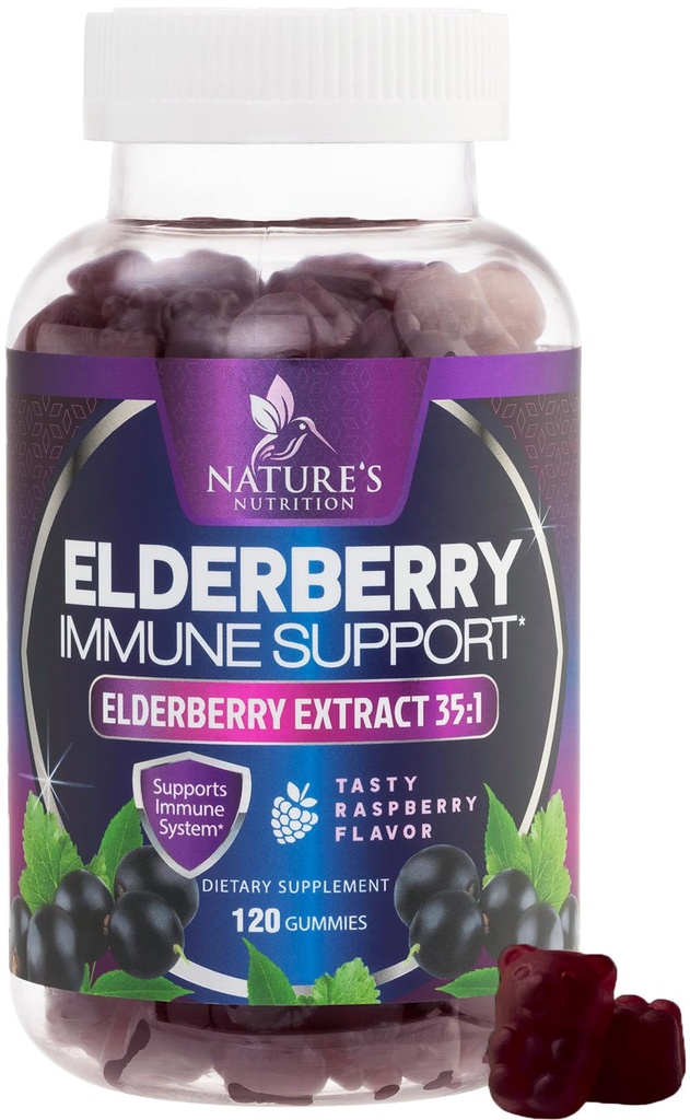 Gumie immunologiczne Elderberry - Super skoncentrowane 35: 1 Ekstrakt, odpowiednik 4200mg Elderberry - Sambucus Black Elder Berry Suplement witaminy, Codzienne wsparcie dla dzieci i dorosłych - 120 Gummies