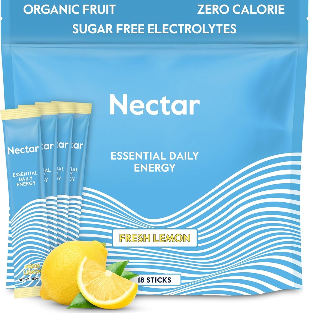 Nectar Energy Booster - Kofeina organiczna, B12 & Elektrolity - Bez cukru & Zero Calorie - Zdrowa kawa, Napoje energetyczne i Soda alternatywna - Nawodnienie i suplement energetyczny (Lemon 18 Pakiety proszkowe)