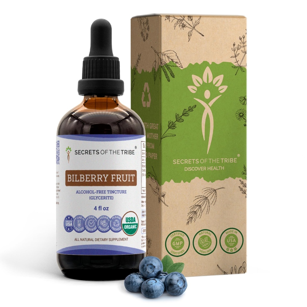 Sekrety Tribe Bilberry Fruit Free Alcohol-Free Liquid Extract, USDA Organic Bilberry (Vaccinium Myrtillus) Suszony dodatek do nalewki owocowej (4 FL OZ)