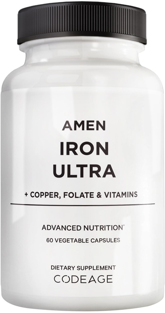 Amen Żelaza Ultra Supplement + Miedź, Folian, Witamina C i B12- 2- Miesiąc Dostawy - Żelaza siarczan Witamina - 65mg na Podawanie - Kwas foliowy - Nie-GMO Pigułki - 60 Kapsułki