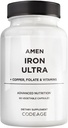 Amen Żelaza Ultra Supplement + Miedź, Folian, Witamina C i B12- 2- Miesiąc Dostawy - Żelaza siarczan Witamina - 65mg na Podawanie - Kwas foliowy - Nie-GMO Pigułki - 60 Kapsułki