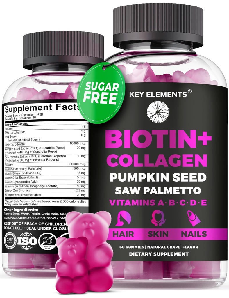 Włosy Skóra i paznokcie 10000mcg Gummies & Gummies Collagen - Biotin Witaminy do włosów wzrostu Dynia Nasienie oleju, Saw Palmetto Extract & Vitamin A B6 C D E - Biotin i suplementy Collagen