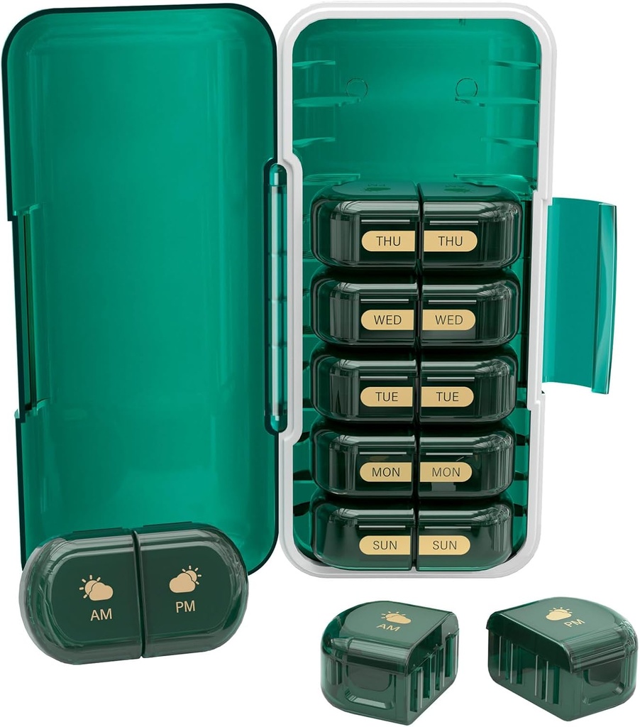 Cotygodniowy Pill Organizer 2 razy dziennie, Moisture- Dowód, Oddzielne Komory, PM Pill Box 2X 7 Dzień, Travel Pill Organizer for Pills / Olej rybny / Leki / Witamina / Suplementy (Ciemny zielony)
