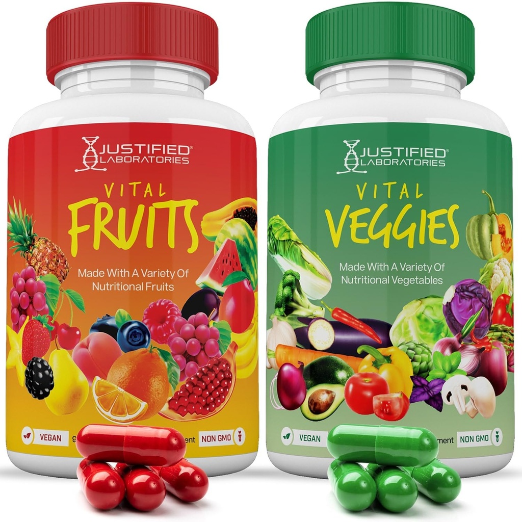 Uzasadnione Laboratoria (Zestaw 2 Vital Fruits and Veggies Supplement Red & Green Superfoods Whole Food Non GMO Vegan Friendly 180 Veggie kapsułki 2 Butelki