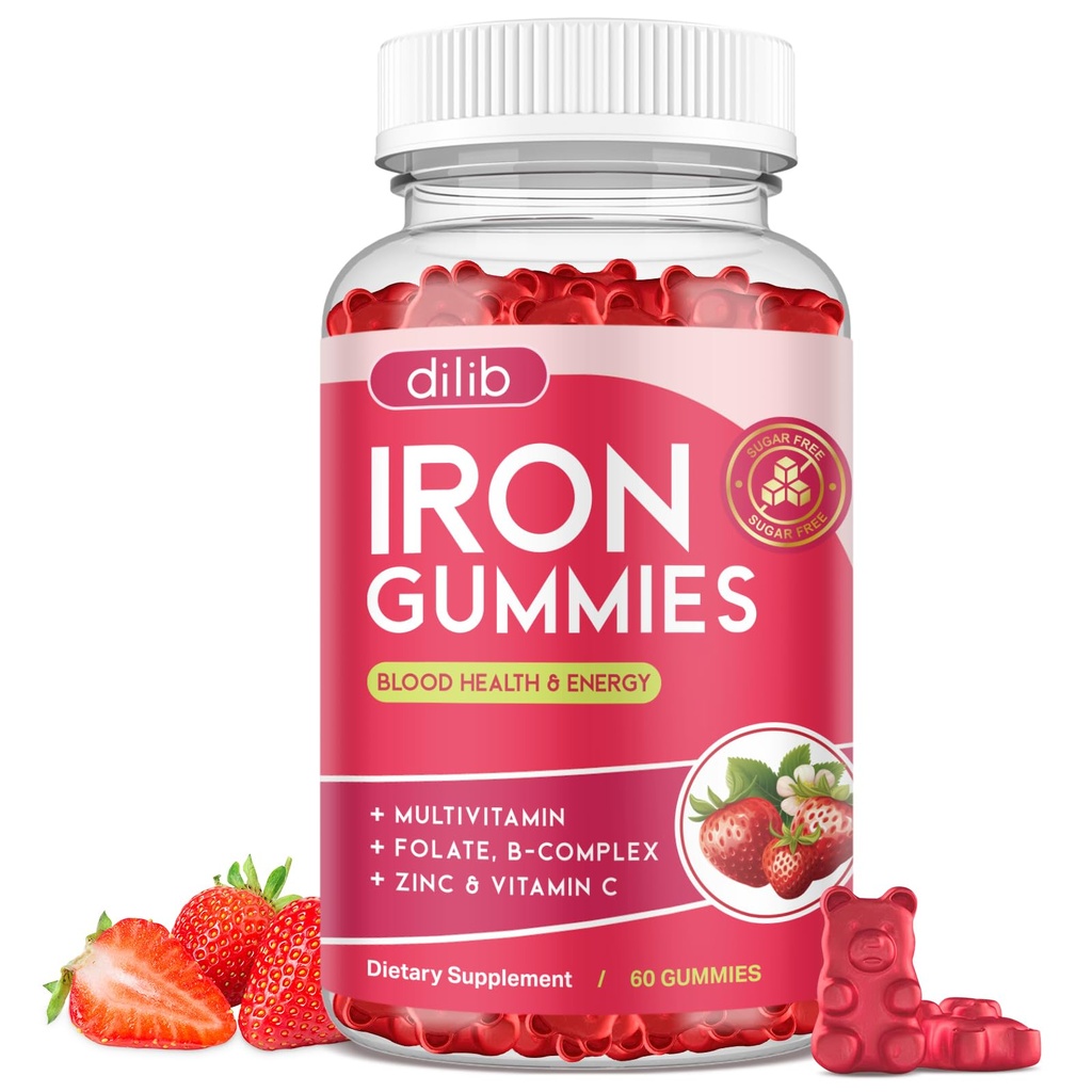 Żelazne gumki z Multivitamin, Żelazo suplement dla kobiet i mężczyzn z cynku, Witamina B Complex & C, B12, Folate - Blood Builder & Wsparcie energetyczne dla dorosłych i dzieci - Strawberry Flavor, Wegan 60 Gummies
