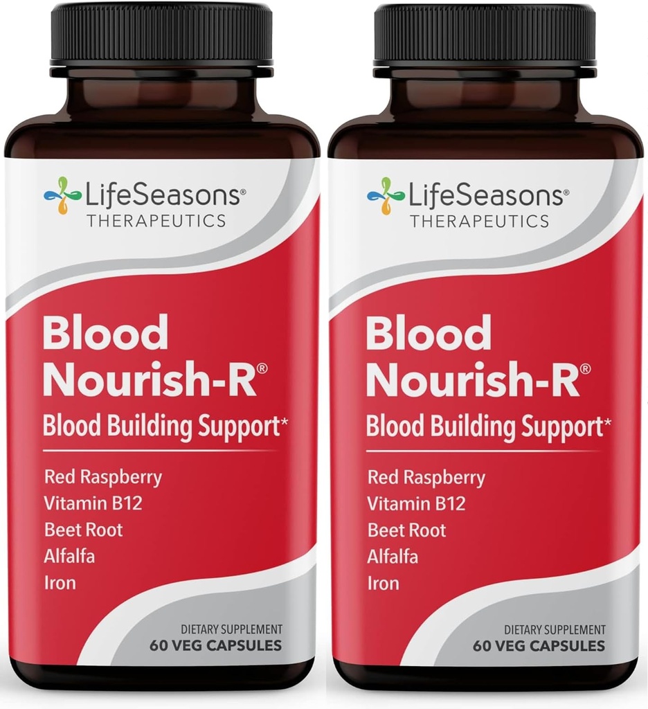 LifeSeasons Blood Nourish- R - Suplement żelaza - Nie zaparcia - Wspiera niedokrwistość, Zmęczenie, Paleness & Zawroty głowy - Blood Building - Żelazko, Alfa, Malina i Witamina B- 12- 60 Kapsułki (Opakowanie 2)
