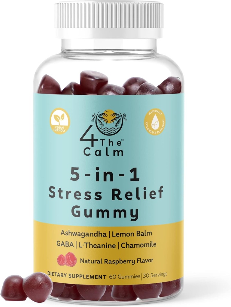 4TheCalm 5in1 Stress Relief Supplement Gummy - GABA, Lemon Balm, L- Theanine, Rumianek, Ashwagandha - Stress Relief Gummies (Natural Malina Flavor, 60 Gummies)