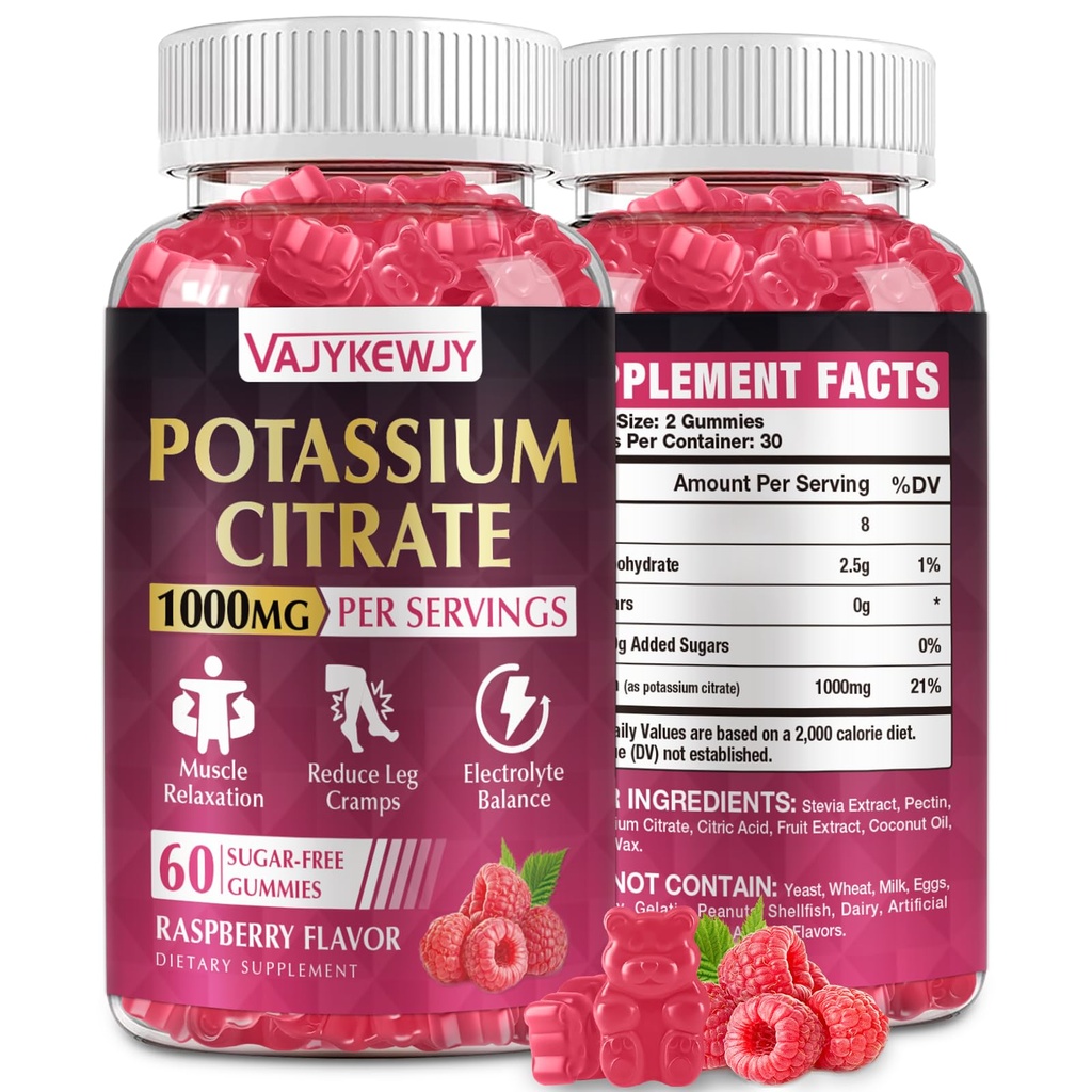 Gumy z cytrynianem potasu, suplement potasu (1000mg), wspomaga skurcze nóg i mięśnie, Nadaje się dla dorosłych i dzieci, Wegan, Non-GMO, 60- Count