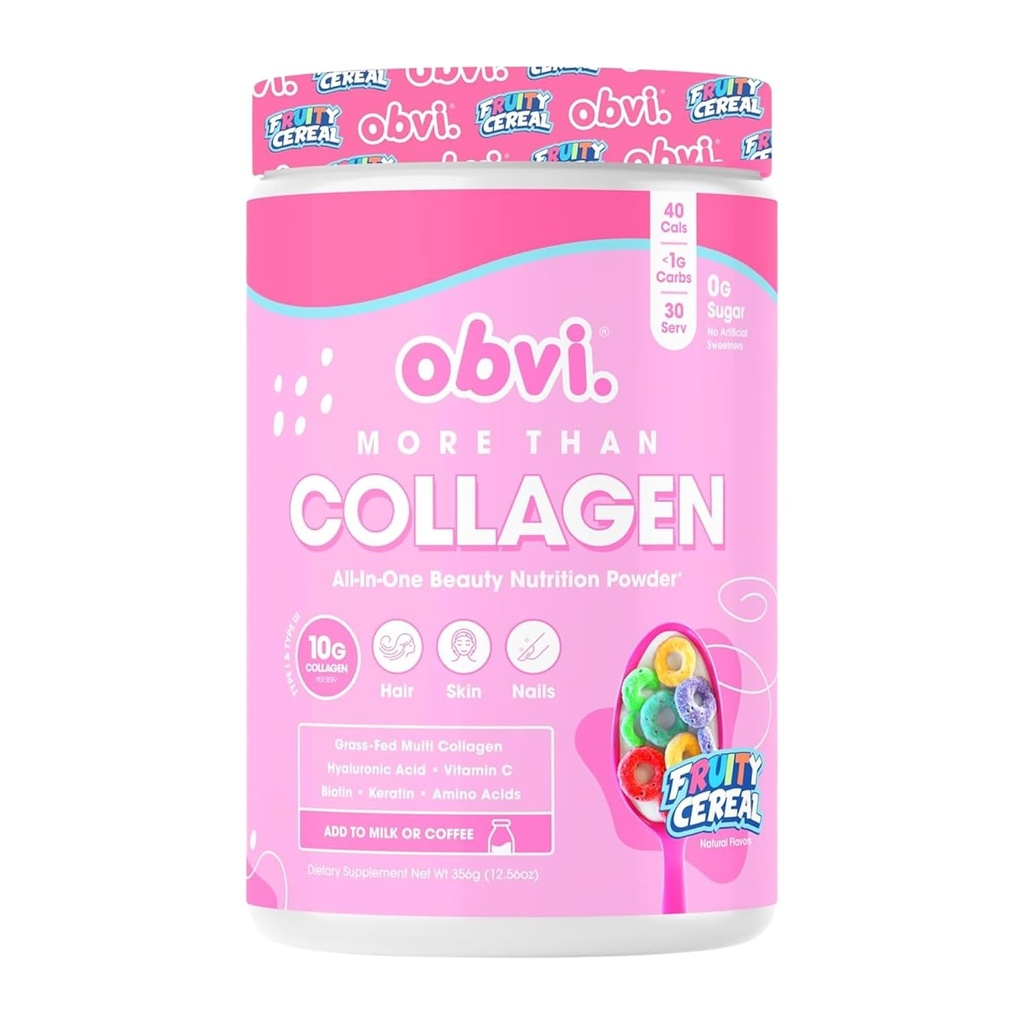 Obvi Więcej niż Collagen proszek Pigment 124; Wspiera zdrowe włosy, Skóra, Nails, Łączniki, Gut 124; Pasza suplement multi Collagen z kwasem hialuronowym, Biotin, Keratyna 124; Płatki owocowe, 30 Służenie
