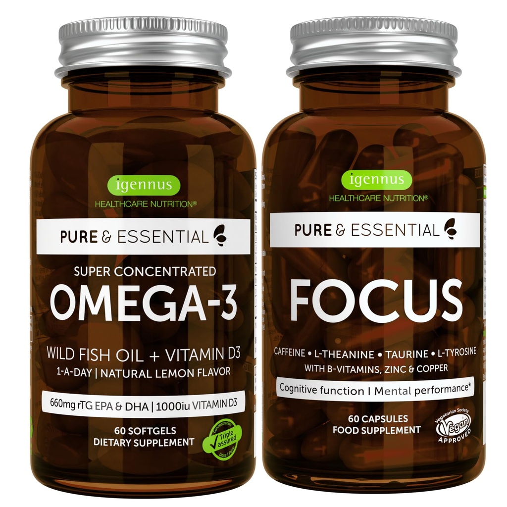 Omega-3 i witamina D3 1000iu + Focus Brain Booster Bundle, Fast- Acting 1-a- Day EPA & DHA rTG Wild Fish Oil + kofeina, L- Theanina, Tauryna & L- Tyrozyna, B- Witaminy, Cynk & Miedź, przez Igennus