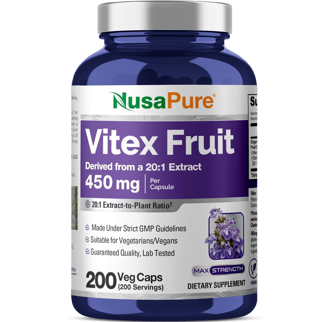 NusaPure Vitex Chasteberry Fruit 20: 1 Extract, 450 mg Ekwiwalent 9000 mg 200 Kapsułek wegańskich - Non-GMO, Vegan Dietetyczny Suplement