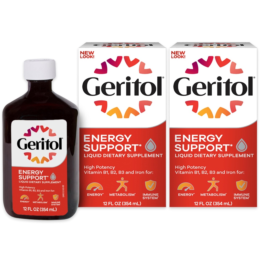 Geritol Płynna witamina i suplement żelaza, Wsparcie energetyczne, Zawiera wysokiej mocy witaminy B- Witaminy i żelaza, Przyjemne Degustacja, Łatwy połykać, Brak sztucznych słodzików, Non-GMO, 12 Oz, 2 opakowania