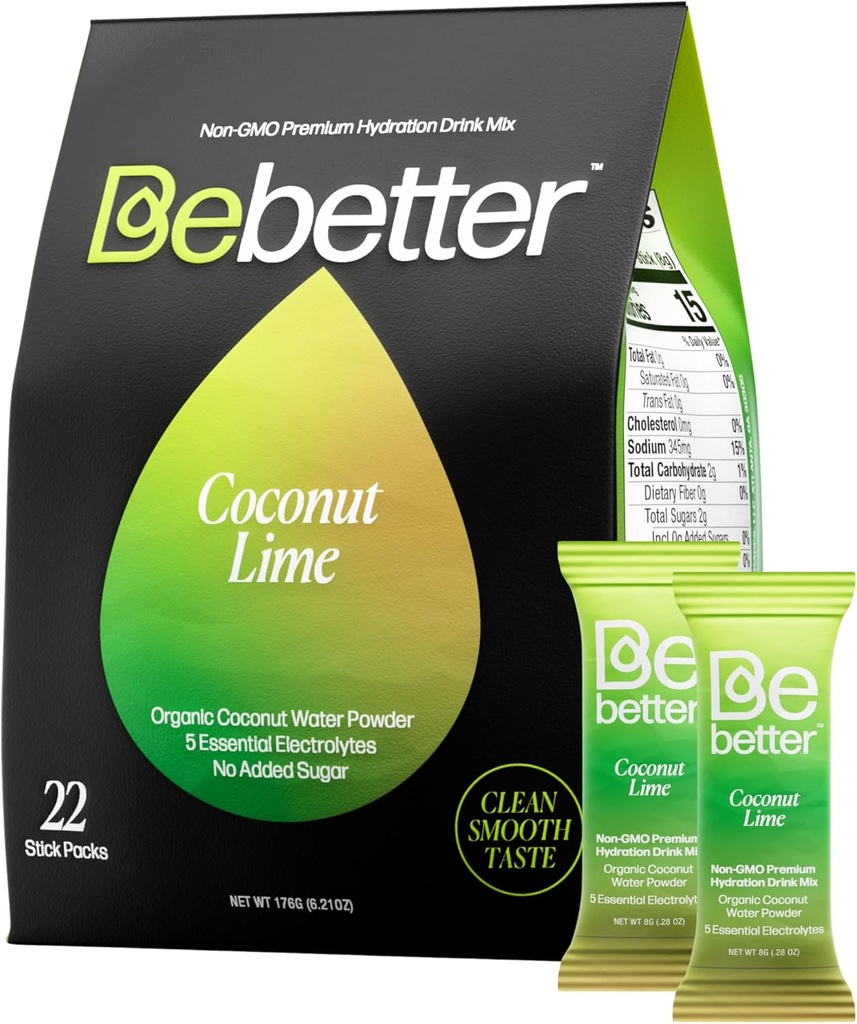 Bebetter Organic Electrolytes Pakiety proszkowe 124; Codzienna Mieszanka Napoju Elektrolitowego 124; Organiczna Woda Kokosowa 124; Brak sztucznych aromatów 124; Wolne od cukru Pakiety nawadniające 124; Nie-GMO 124; 22 Pakiet kleju (Kokosowe i Lime)