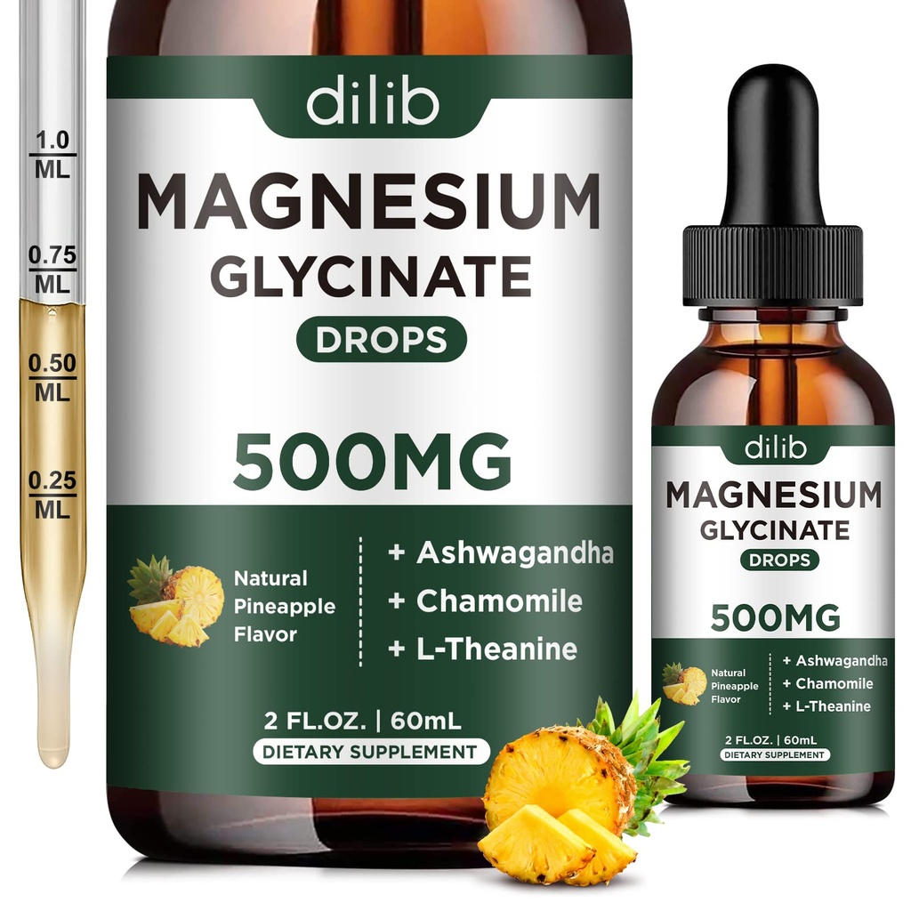 Glicynian magnezu 500 mg - płynne krople magnezu, Ashwagandha, L - Theanina, Rumianek - Relief uspokajający i stresowy, Relaksja, Niespokojny sen, Zdrowie mięśnia sercowego, Wegan - 2 Fl Oz (30 dni)