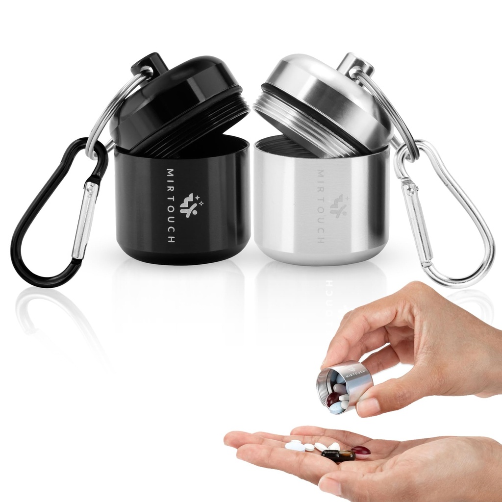 Przenośny Keychain Pill Holder Case - Discreet Waterproof Mini Pill Container Carrier z mocnymi przyczepkami do torebek kieszonkowych - Aluminiowy Alloy Pill Fob Box for Medicine Biżuteria - 2 Pack