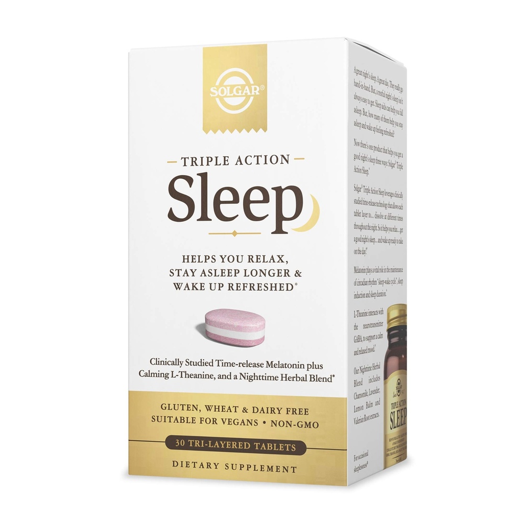 Solgar Triple Action Sleep, 30 Triayer Tablets - Time- Release Melatonin & L- Theanine Plus Herbal Blend - Pomaga Ci Relax, Upadek Asleep Fast & Stay Asleep Longer - Non-GMO, Gluten Free - 30 Servings