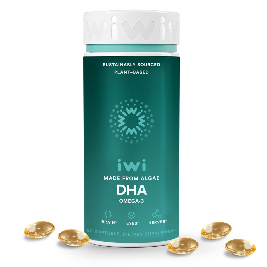 Iwi DHA Omega-3, 60 Softgels (30 Servings), Algae Omega 3, Mózg, Oczy i Nerwowy System Wsparcie Suplement diety, Kryll & Fish Oil Alternative, No Fishy Aftersmast