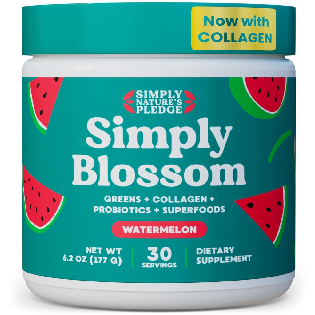 Po prostu Blossom Nutrition Daily Greens & Superfood Powder + Collagen + Probiotyki dla Kobiet Digestive Health & Bloating Relief. Pomoc Twoje zdrowie Bloom - 30 Day Supply - Arbuz