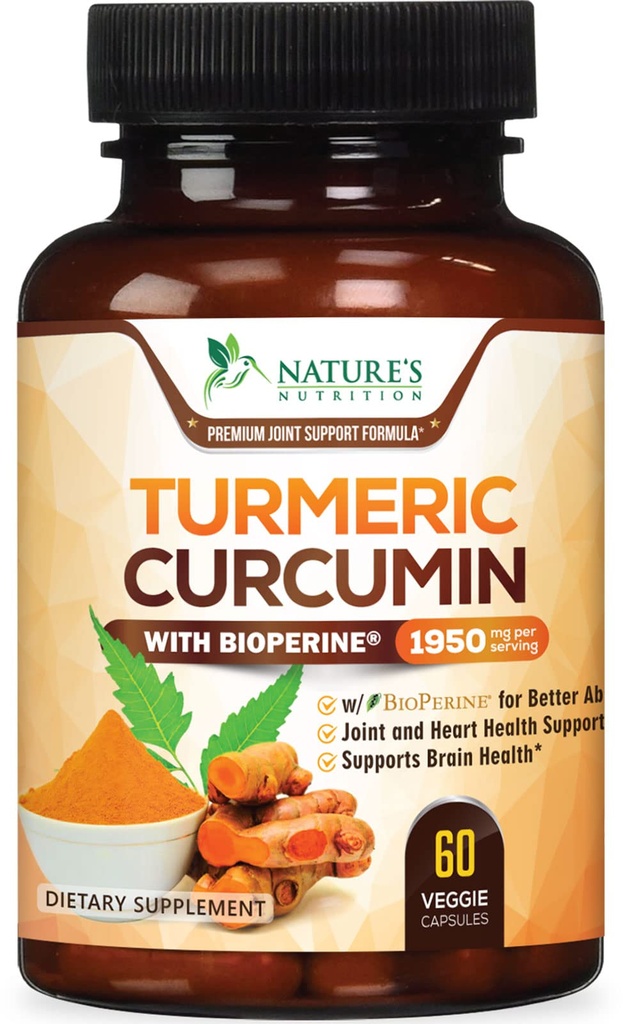 Kurkumina kurkuminowa Suplement 1950mg - 95% Kurkuminoidy z organicznym Turmeric & BioPerine Black Pepper Extract for Best Absorption, Natural 's Vegan Joint Support, Non-GMO, Butelkowane w USA - 60 Kapsułki
