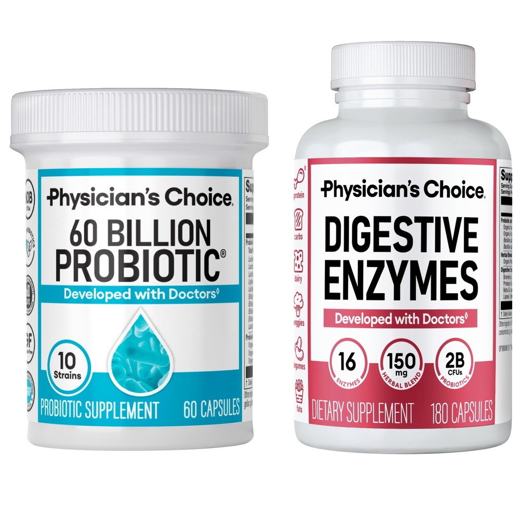 Choice lekarza - Optimal Gut Health Bundle: 60 Billion Probiotic 60ct + Digestive Enzyme 180ct for Digestive Comfort and Immune Support - Value Bundle