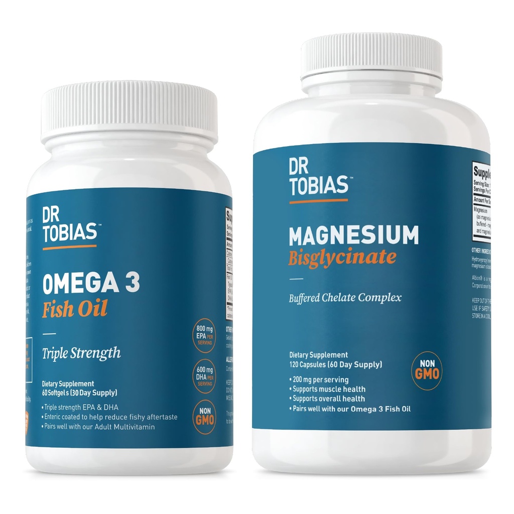 Dr. Tobias Omega 3 Bisglicynian oleju rybnego i magnezu, Wysoka absorpcja, Wspomaga serce, mózg, immunologiczne, energia, mięśnie, kości i wspólnego zdrowia, Non-GMO
