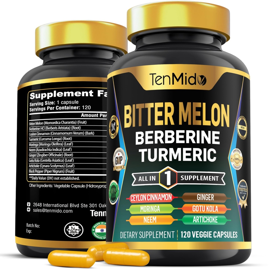 Bitter Melon kapsułki - 10in1 Formuła - Połącz z Berberiną, Ceylon Cynamon, Turmeric, Moringa, Neem, Ginger, Gotu Kola, Karczoch i Black Pepper - 120 Kapsułki dla 4 miesięcy dostaw