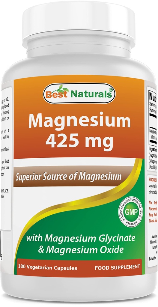 Najlepsze naturalne Magnezu 425 mg 180 Veggie kapsułki - Wysoka absorpcja Magnezu Glicynian i tlenek magnezu Chelated, Non-GMO, Gluten Free Muscle Relax (180 Count (Pack of 1))