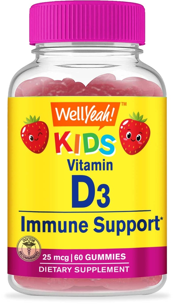 WellYeah Dzieci Witamina D3 Gumiaki - 1000 j.m. (25 μg) - Wspiera wytrzymałość i odporność kości - Nie-GMO, Gluten- Free - Flavor truskawkowy - Suplement odżywczy - 60 Służenie