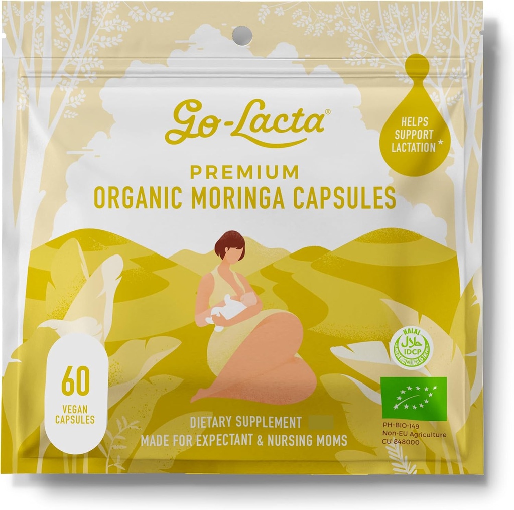 Go- Lacta ® 100% Organic Moringa Kapsułki do karmienia piersią Moms - 60 Kapsułki - Pure Premium Pomnażalne witaminy - Karmienie piersią Suplementy do zwiększenia podaży mleka - Popartum Witaminy dla kobiet