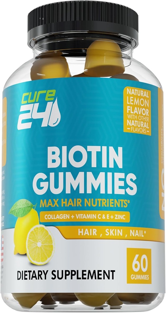 Biotin Gummies z witaminą C, E, Kolagen i cynku, Biotin Gummies do wzrostu włosów, paznokci, skóry, Wsparcie, Made in USA 60 Gummies