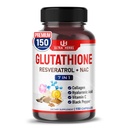 Glutation Supplement Active Reduced Form, Enriched with Resveratrol, NAC, Collagen, kwas hialuronowy, Witamina C - Zaawansowany przeciwutleniacz do odporności & Detox 124; 150 Kapsułki