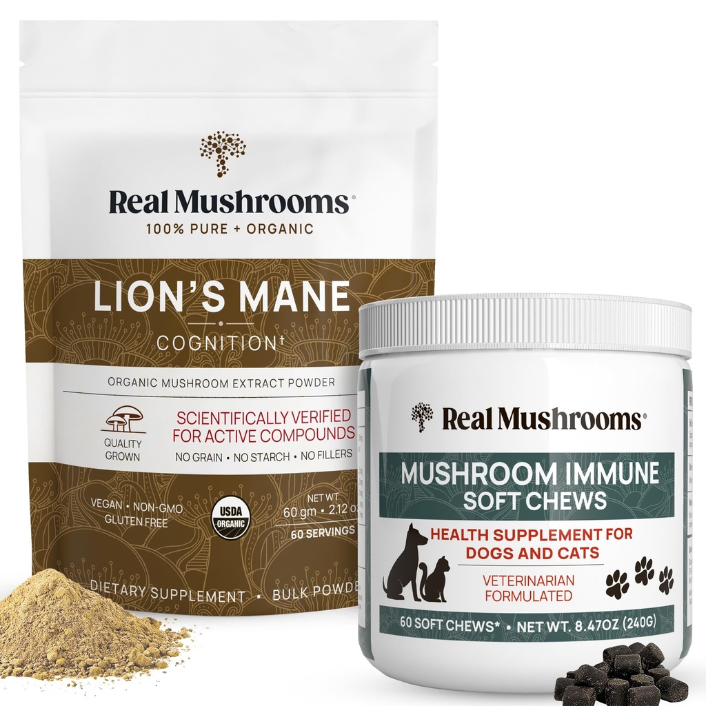 Prawdziwe Grzyby Lions Mane Powder for Human (60g) & Grzyby Immune Pet Chews (60ct) - Paleta do Cognition & Immunitet - Ashwagandha, Astragalus & More - Vegan, Non-GMO, Gluten- Free, Grain- Free
