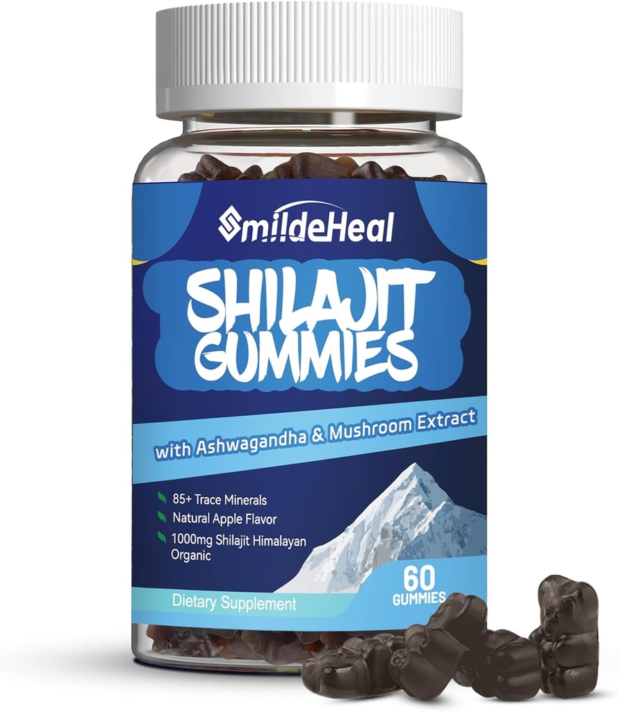 Shilajit Gummies 1000 MG, Organic Shilajit Supplement, 85 + Ślad Minerałów, z Ashwagandha, Grzyb - Energia, Mózg, Wsparcie odporności, dla mężczyzn i kobiet - 60 Hrabia