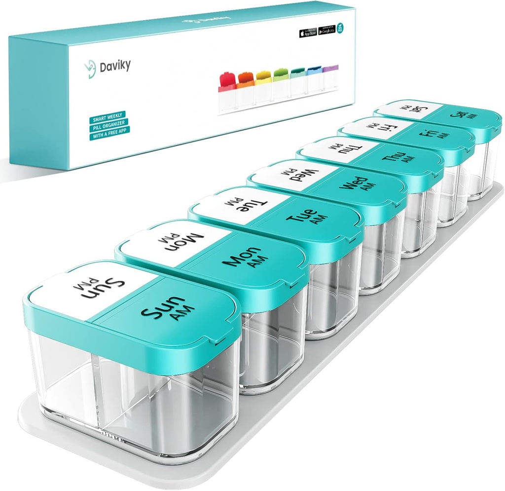 Daviky Big Weekly AM PM Pill Organizator - 7 dni, 2 razy dziennie z bardzo dużych komnat na witaminy, Medycyna, Suplementy (Cyan)