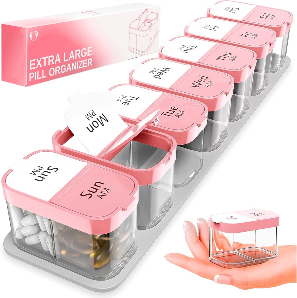 Extra Dużego Tygodniowego Pill Organizer - XL Witamina Holder z 7 Odłączalne Komory AM PM - Przenośny Dispenser Medicine dla domu i podróży, Big Supplement Container dla Weekly lub codziennego użytku, Różowy