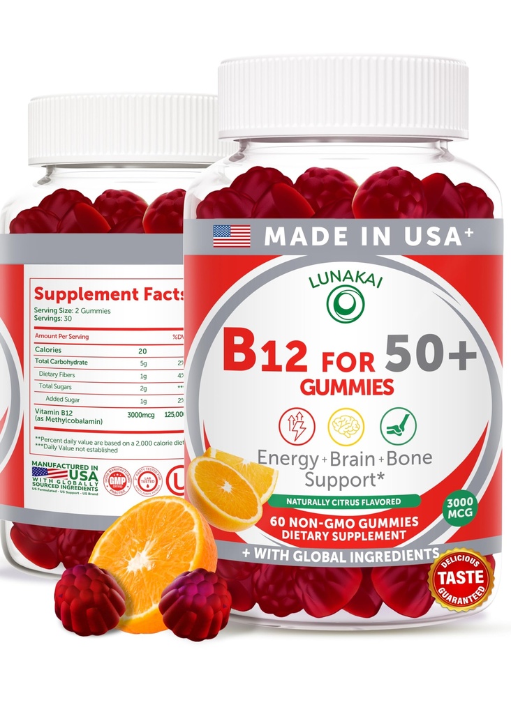 Lunakai USA Made Witamina B12 Gumiaki dla dorosłych 50 +, Non-GMO B12 dla energii i witalności Boost, Pyszny aromat pomarańczowy, 60ct