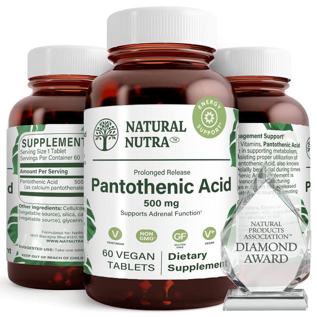 Naturalne Nutra uwalnianie czasu Kwas pantotenowy 500 mg, Suplement witaminy B5 pomaga złamać tłuszcz i węglowodany, Metabolizm i energia, Poprawa zdrowia mięśni, Redukcja plamy skóry, 60 Tabletki wegetariańskie