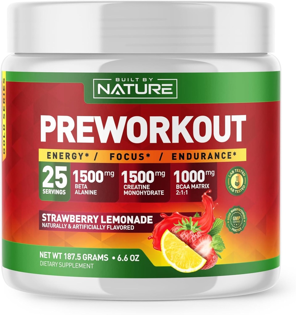 Wybudowany przez Nature Pre Workout Powder z Beta Alanine, Monohydrat kreatury, BCAA, L Citruline, L Arginina i kofeina - Truskawki Lemoniada Flavor - 25 Służenia