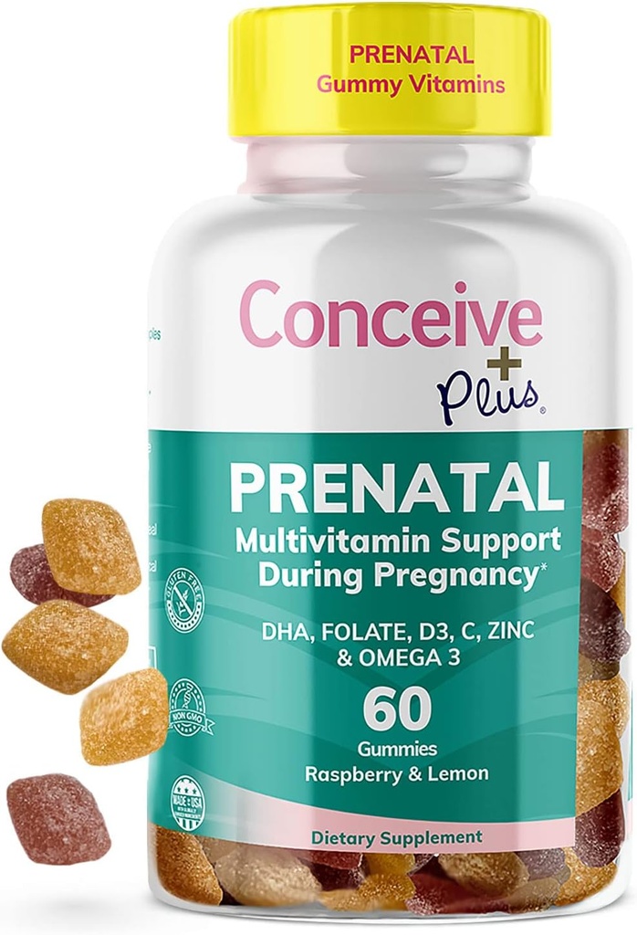 CONCEIVE PLUS Gumiaki prenatalne - DHA, Kwas foliowy, Witamina D3, C, Cynk i Omega 3, Natural Lemon + Malina Flavor, 60 Count, 30 Day Supply