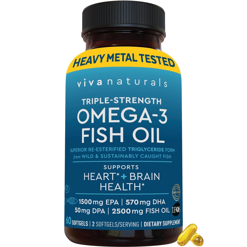 Viva Naturals Omega-3 Fish Oil, Triple Strength, 2500 mg, 60 Softgels – Re-Esterified Omega 3 Fatty Acids Including EPA, DHA, DPA - Pascatarian-Friendly