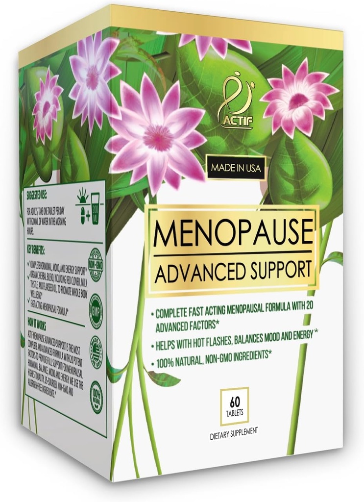 Actif Menopauza Zaawansowane wsparcie z 20 + Organiczne witaminy i zioła - Relieves Hot Flash, nocne poty - Nie GMO, Szybkie aktorstwo, Made in USA, 60 Hrabia