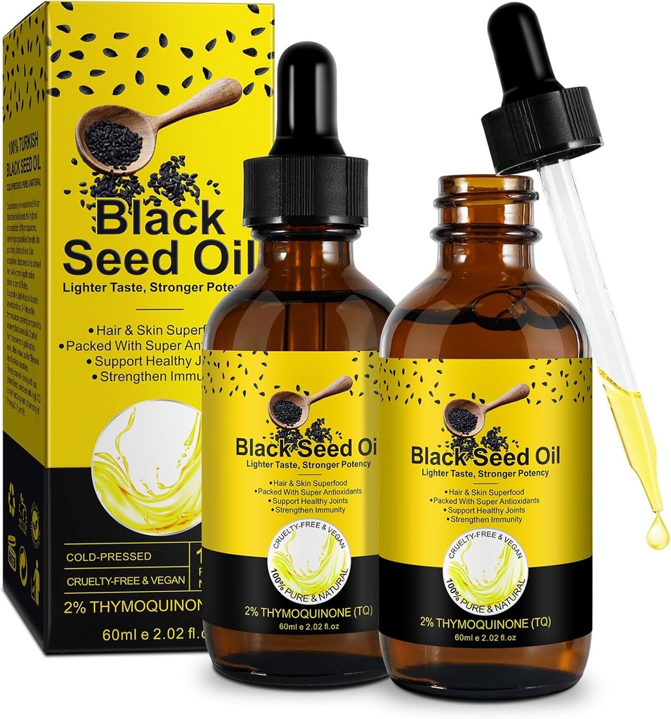 Black Seed Oil 2PACK, 100% Czyste czarne nasiona Olej na zimno Pressed Unrefined, bogaty w witaminy D3, K2 & E, Black Seed Oil Supplement Drop for Immune Support, Non-GMO (2x60ml)