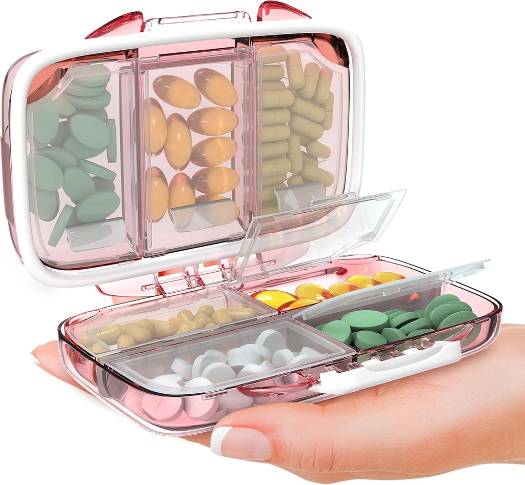 Travel Pill Organizator - Wilgotny dowód Przenośny uchwyt witaminy z 7 Komory, Compact Supplement Case for Purse Essential Medicine Kit fot Traveling Pocket Pharmacy z etykietami, różowy