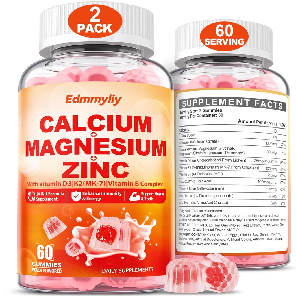 Suplement cynku wapnia Gummie z witaminą D3 K2 & B Kompleks dla kobiet 1000mg Cytrynian wapnia z Gummies magnezu dla kości, Mięśnie i Wsparcie immunologiczne, Bez cukru, Wegan