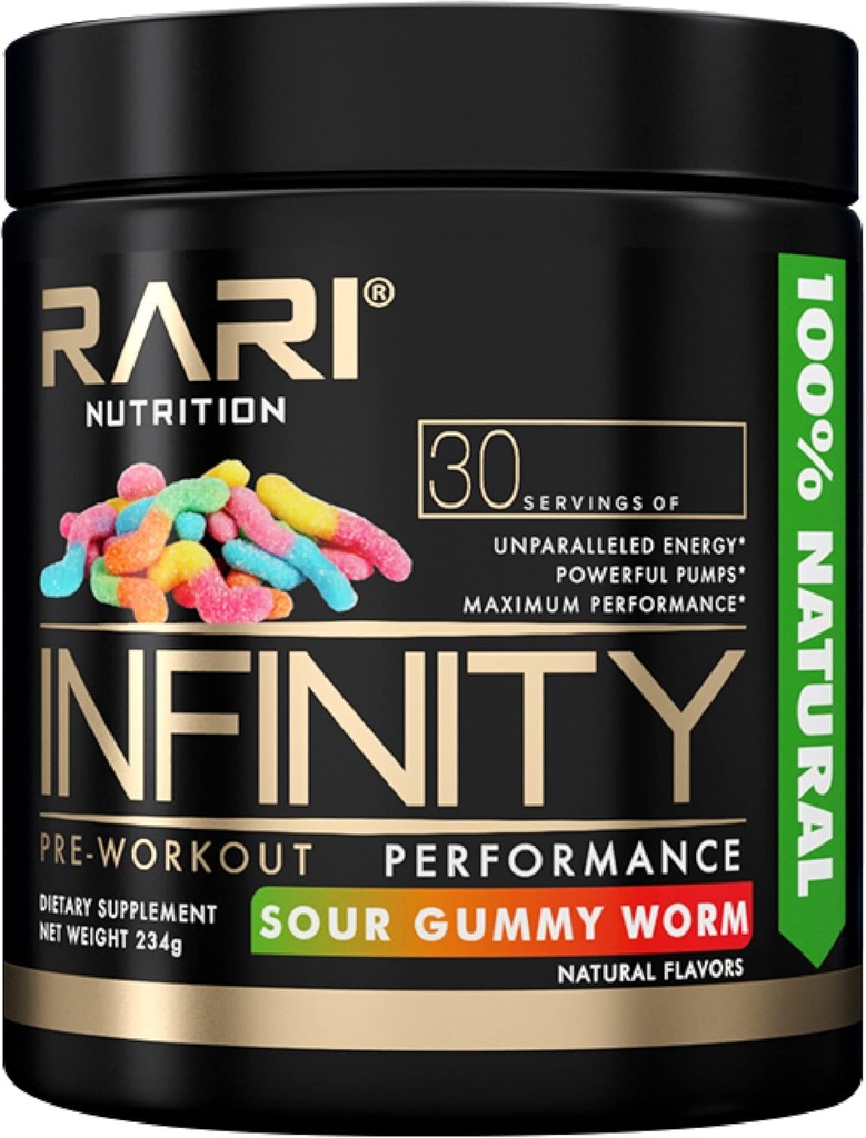 INFINITY - 100% Naturalny proszek do treningu wstępnego dla energii, skupienia i wydajności - Mężczyźni i kobiety - Wegan i Keto Friendly - No Creaine - 30 Służenie (Sour Gummy Worm)