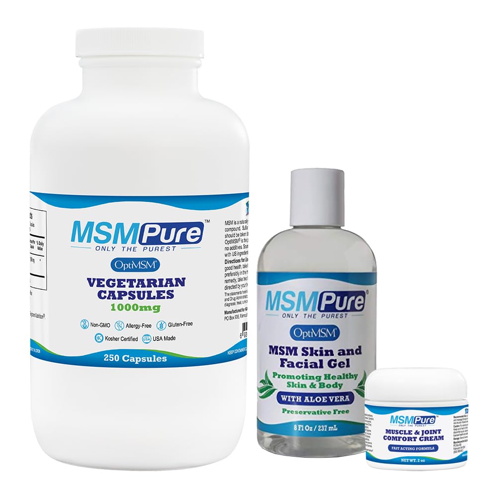 KALA ZDROWIE MMPURE Starter Bundle z MSM Kapsułki 250 Count, MSM Muscle & Joint Cream 2oz i MSM Gel z Organic Aloe 8oz