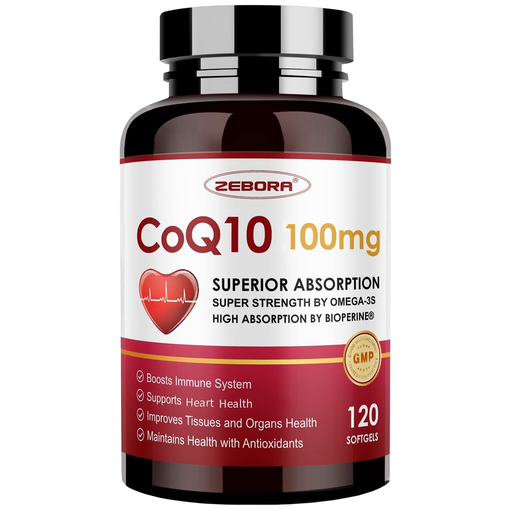 ZEBORA CoQ10- 100mg- Softgels z PQQ, BioPerine & Omega-3, Wysoka Absorpcja Koenzym Q10 Suplement, Powerful- Przeciwutleniacz, Wsparcie Heart & Energy Production 120 Sługi, Non-GMO