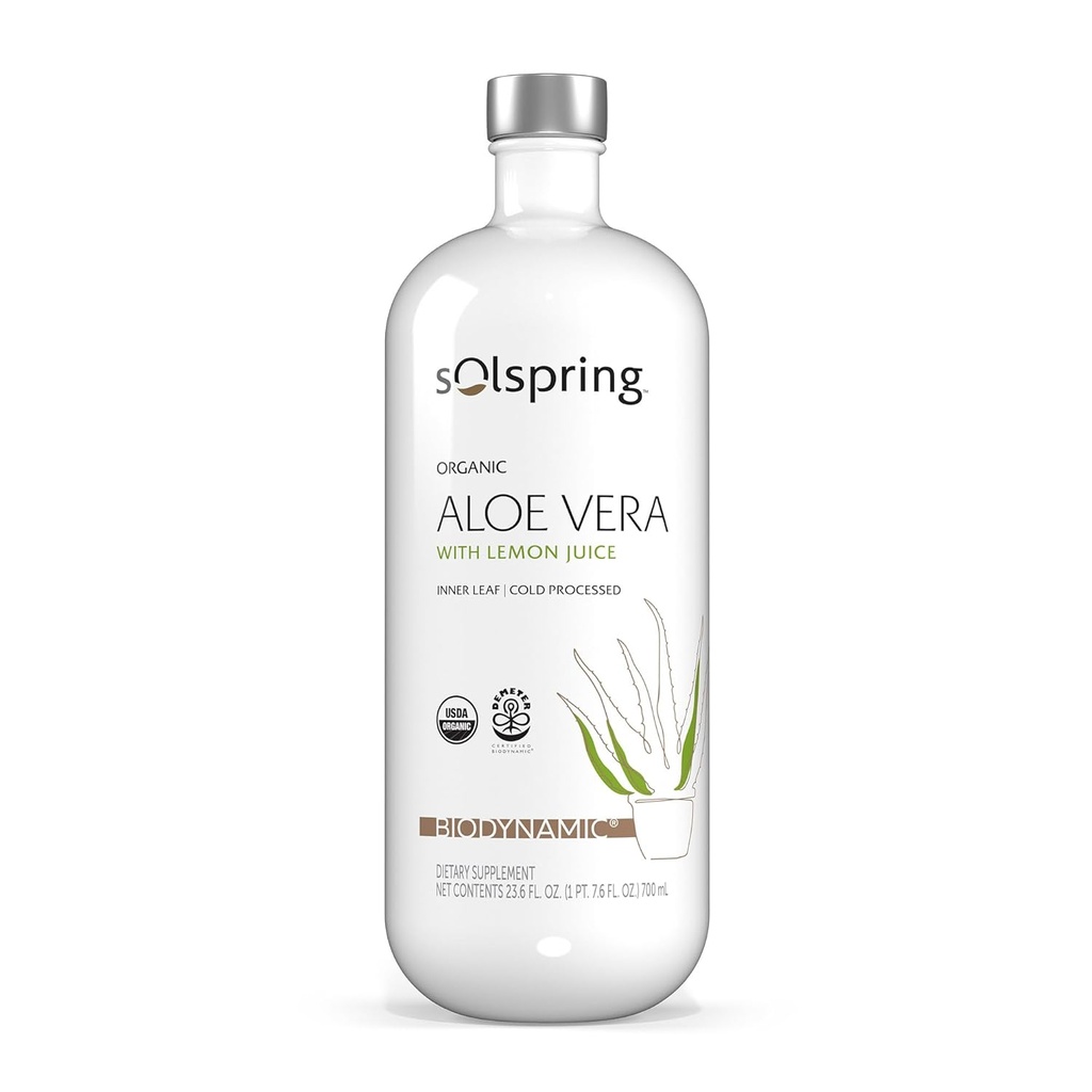 Solspring Biodynamic Organic Aloe Vera Juice with Lemon, 23.6 Fl. Oz. (700 ml), Niepasteryzowany, Certyfikowany USDA Organic, Regenerative, Non-GMO, Gluten Free, Soy Free, Dr. Mercola